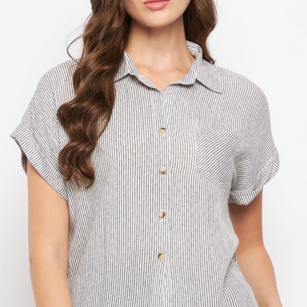 NWT- SIM & SAM DEEP BLUE WHITE STRIPE CAMP SHIRT Button front